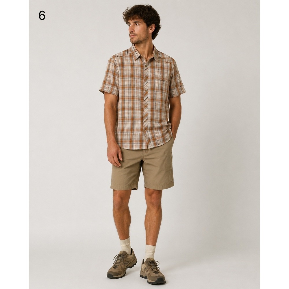 prAna Button Front camp shirt Mens XL Orange Cream Gray Plaid Modal Polyester